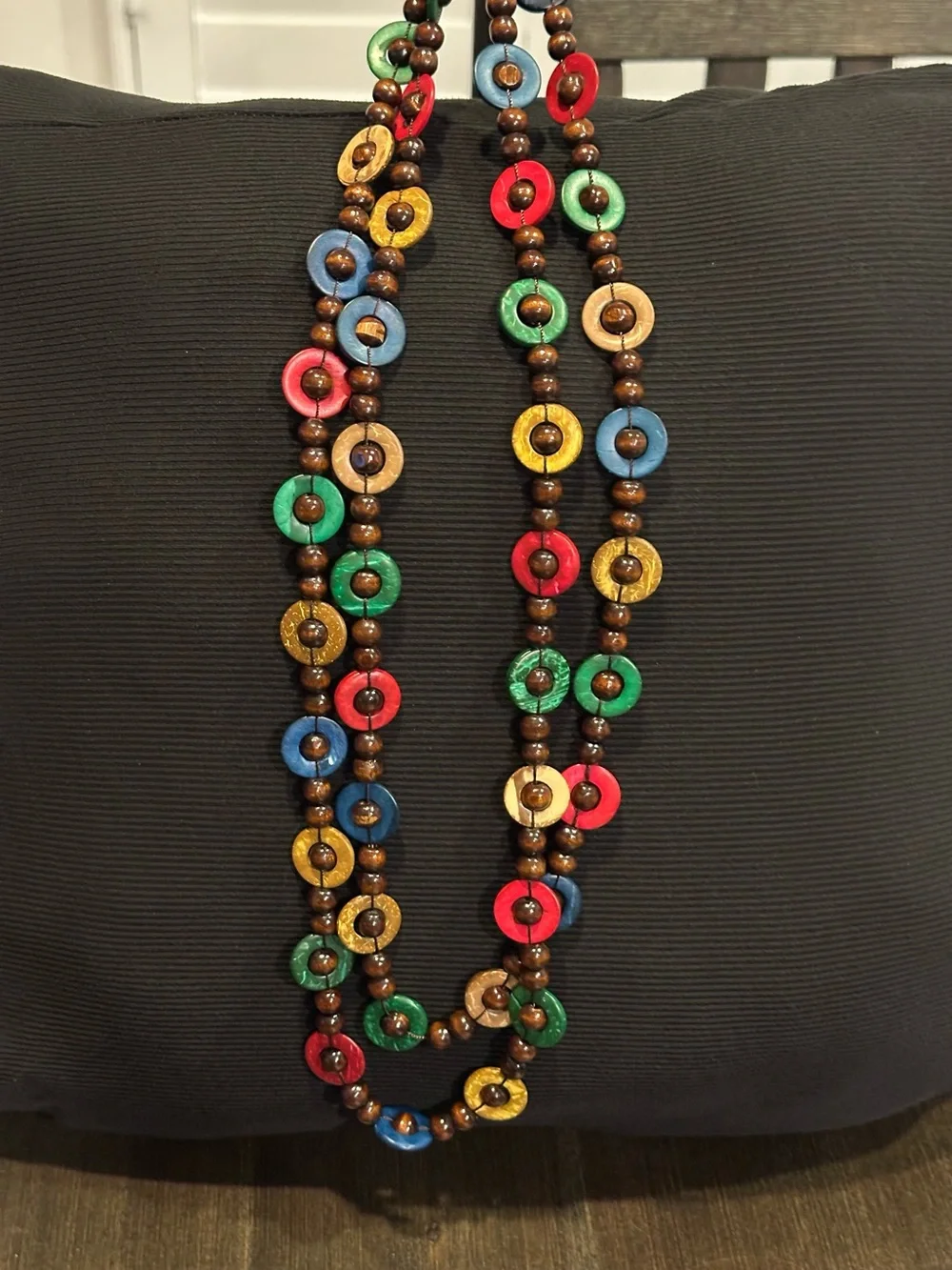 Vintage Bohemian Long Multi-Color Wood & Coconut Shell Disc Strand Neckla